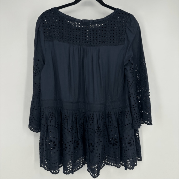 Soft Surroundings Womens S Alejandra Peplum Top Eyelet Bell Sleeves Tunic Navy - Picture 3 of 9